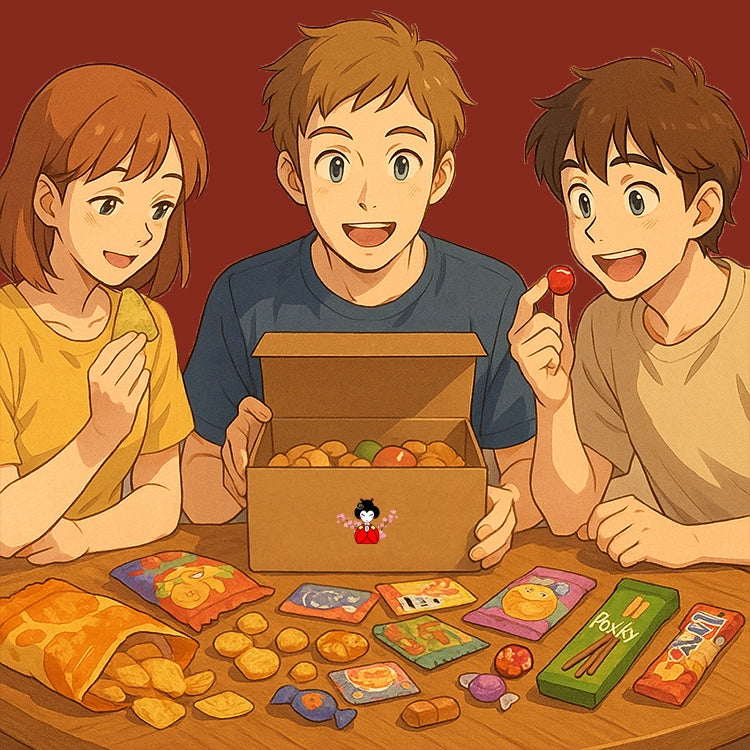 Trois personnes autour d'une table mangeant des snacks japonais