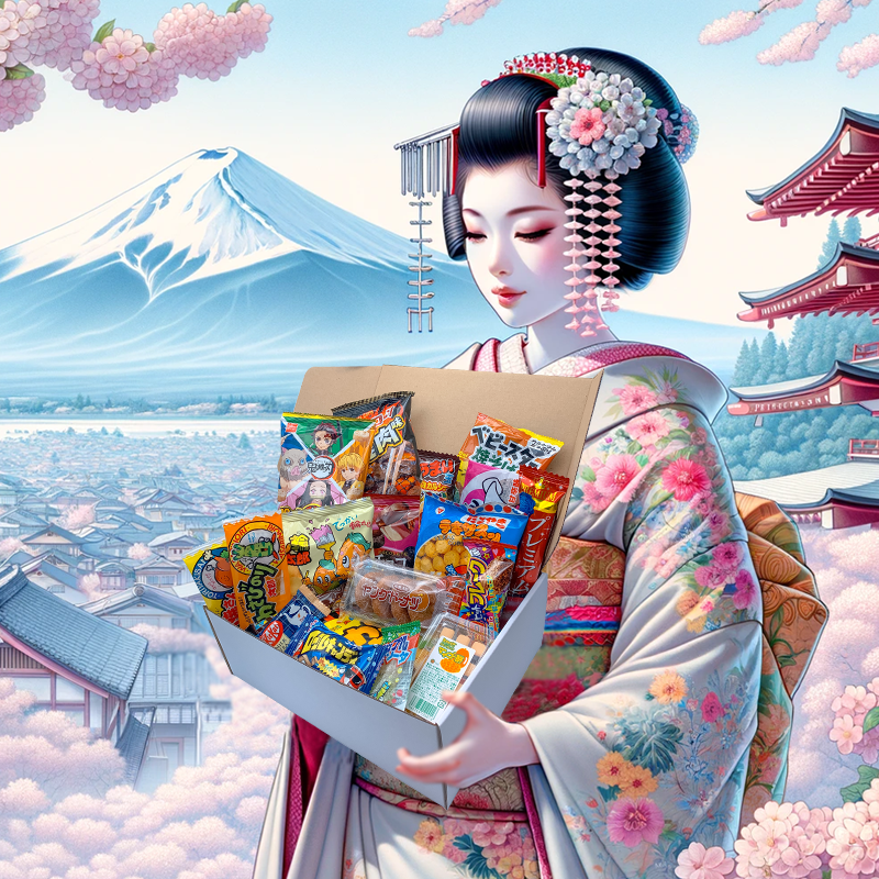 Une geisha tenant une boite remplie de friandises et snacks japonais, une belle alternative a candysan