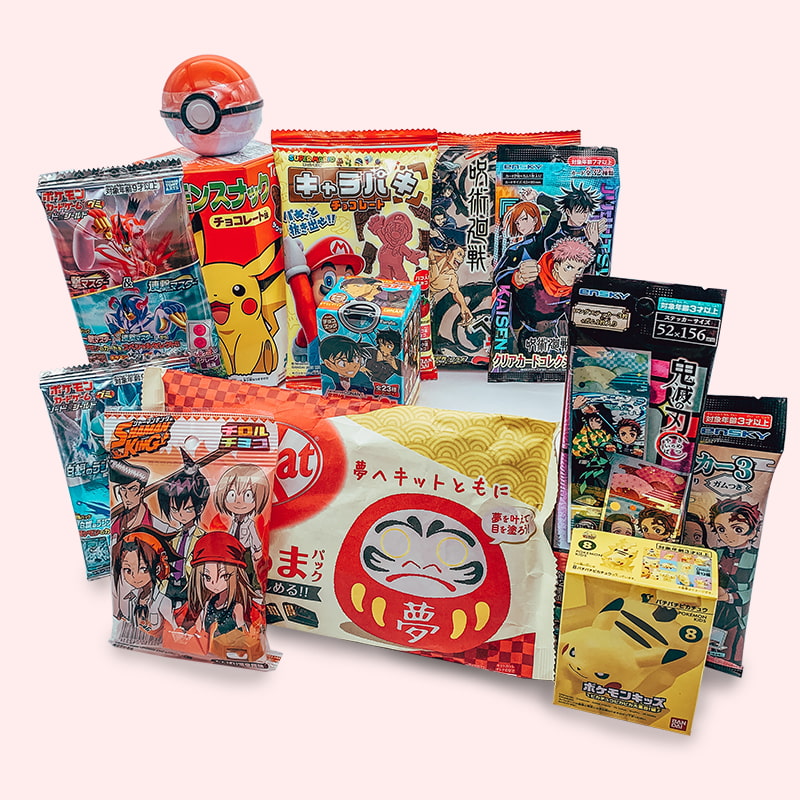 A box of japanese snacks and candies from Tokyo Snack Box, that includes goodies from popular japanese anime and manga