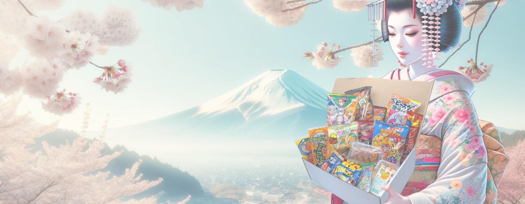 Une geisha tenant une Tokyo Snack Box de snacks japonais, en face du mont fuji.