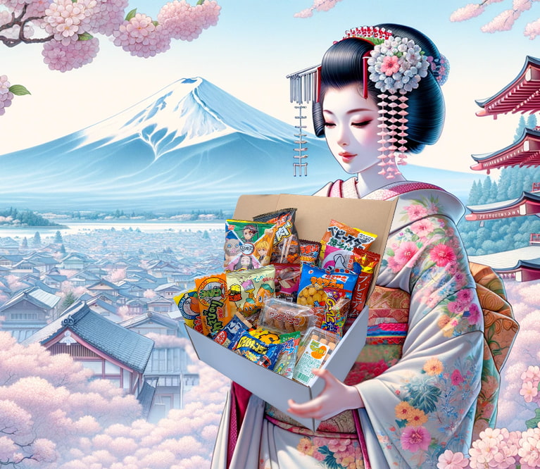 Une geisha tenant une Tokyo Snack Box de snacks japonais, en face du mont fuji