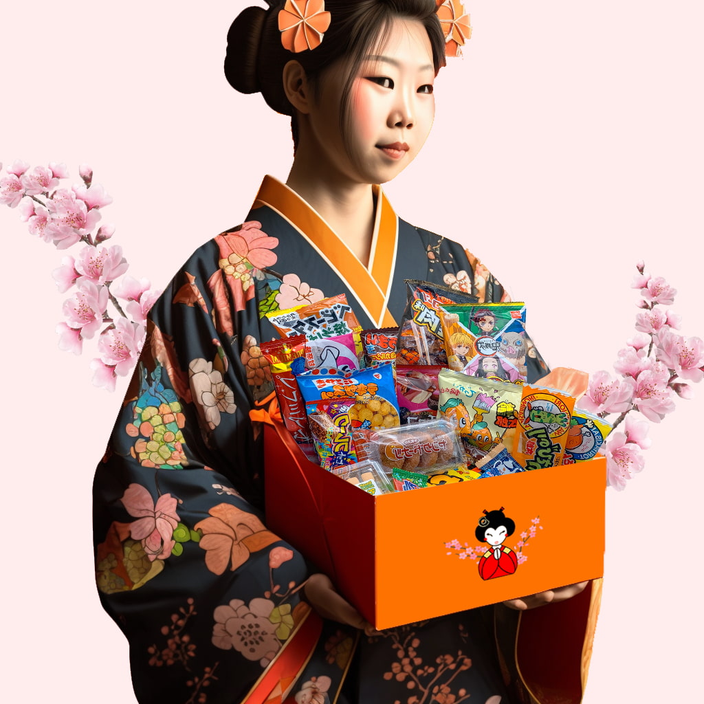 Petite fille japonaise habillée en kimono de geisha, tenant une box de snacks japonais