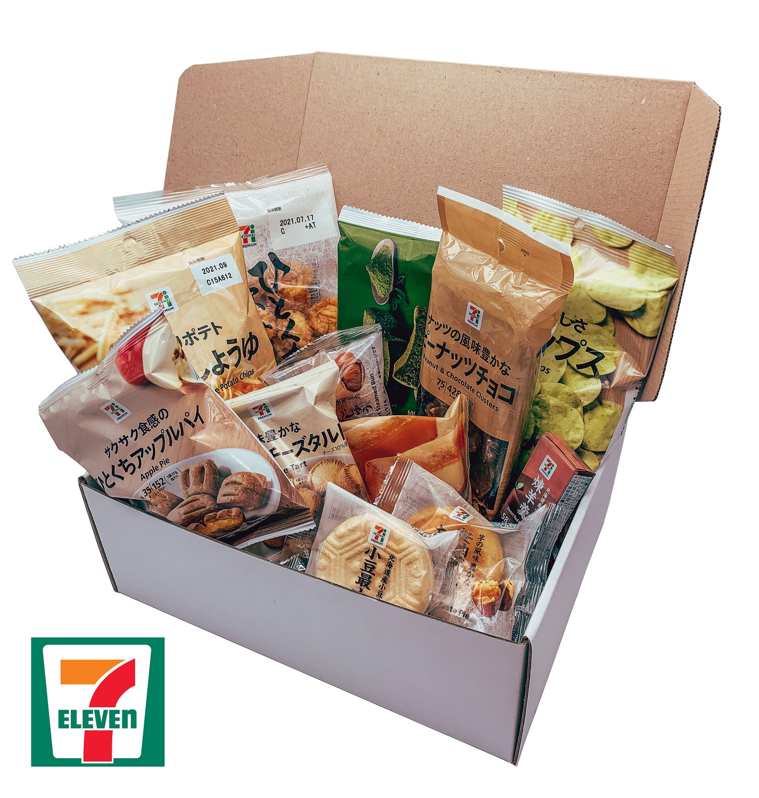 Box de snacks japonais inspirée du konbini Seven Eleven, assortiment de saveurs salées et sucrées, repas express et gourmandises originales du Japon.