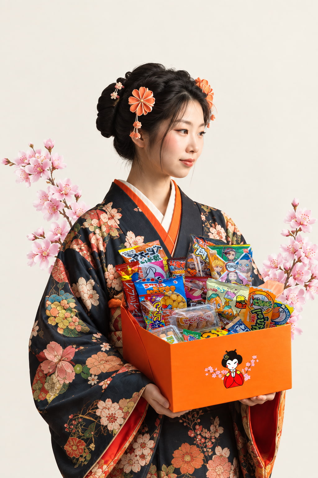 Maiko tenant en main une box pleine de snacks japonais