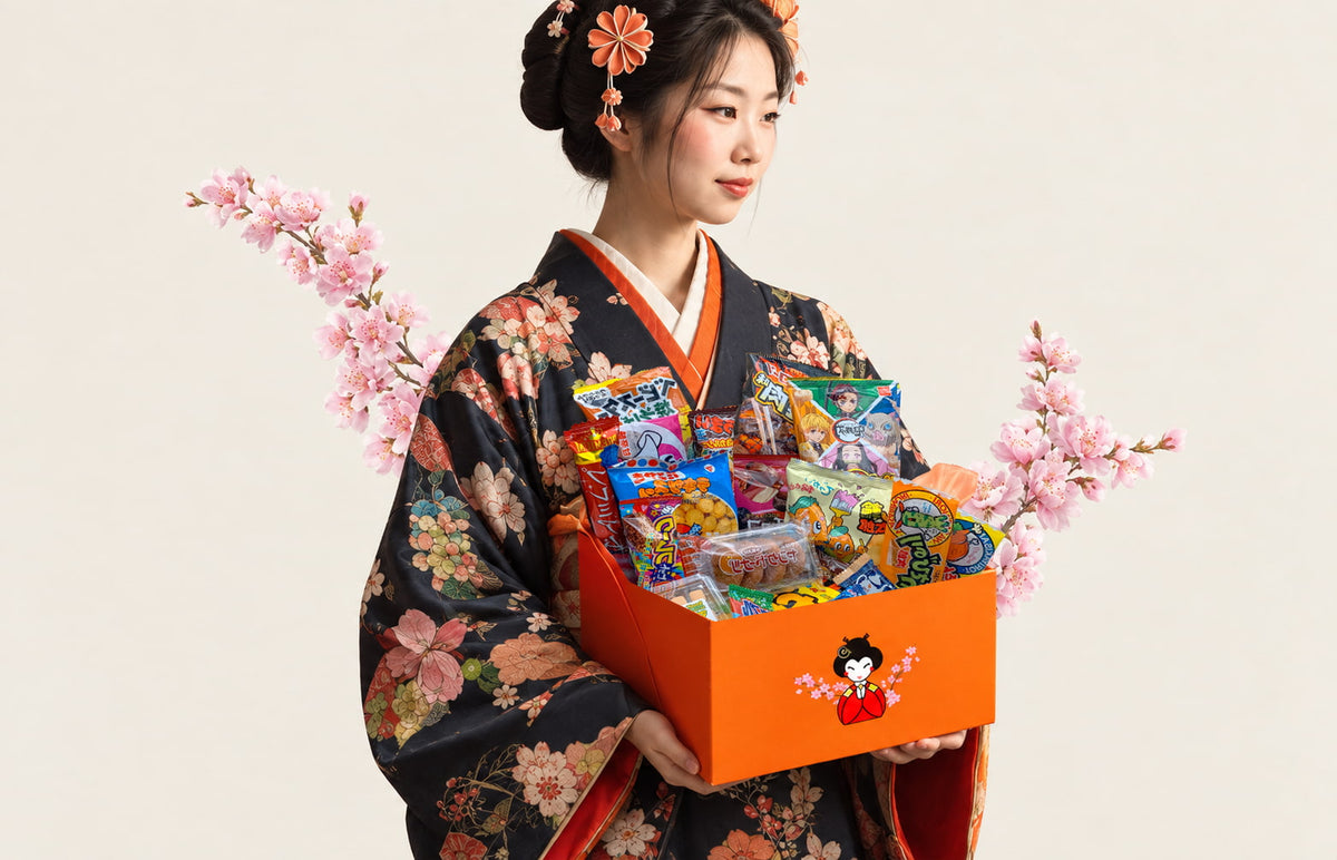 Maiko tenant une box de snacks japonais en main