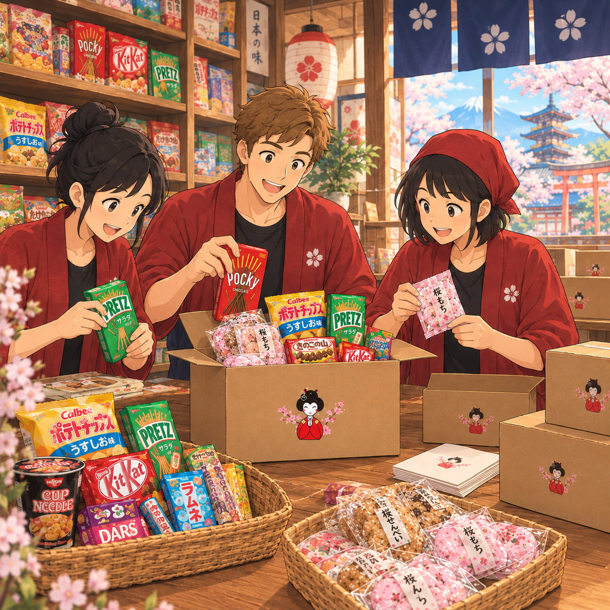 Trois employés de Tokyo Snack Box préparant les colis de snacks japonais