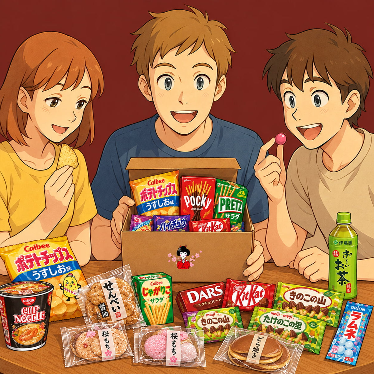 Trois personnes autour d'une table mangeant des snacks japonais
